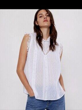Zara  white semi sheer blouse med